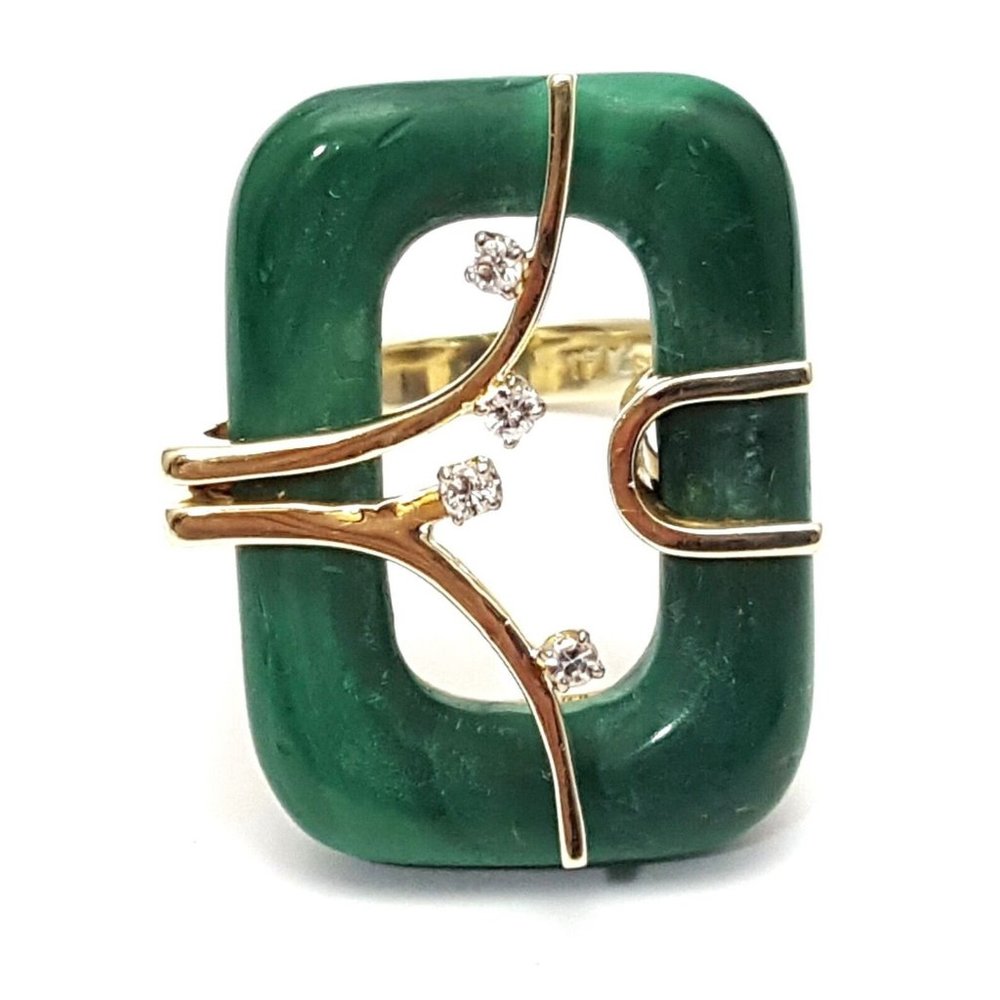 Beautiful 14K Karat Solid Yellow Gold Designer Large Malachite & Diamond Ring